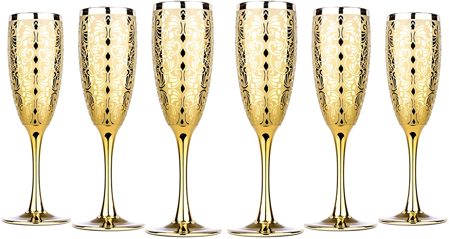 Luxury Champagne Glasses Crystal Flutes Gold Plated 'Liberty' Set of 6