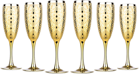 Luxury Champagne Glasses Crystal Flutes Gold Plated 'Liberty' Set of 6