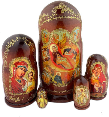 (D) Religious Gifts Brown Icon Nesting Dolls Featuring Icons Set 5pc - 7 in Tall