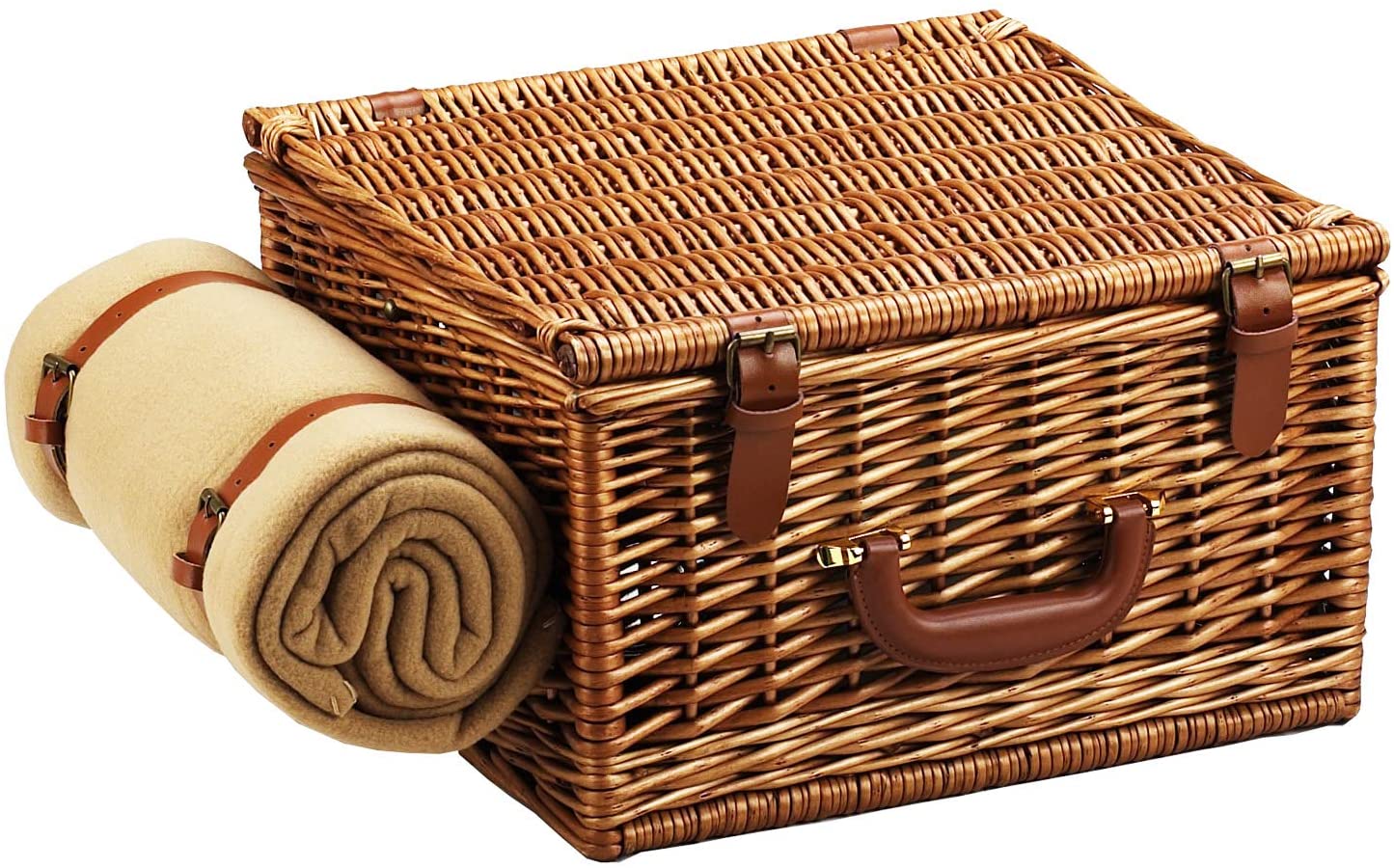 (D) Cheshire Basket for 2, Coffee Set and Blanket, Picnic Backpack Bag (Green Strips)