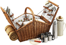 (D) Huntsman Basket for 4 with Coffee Set and Blanket Picnic Backpack (Green Stripes)