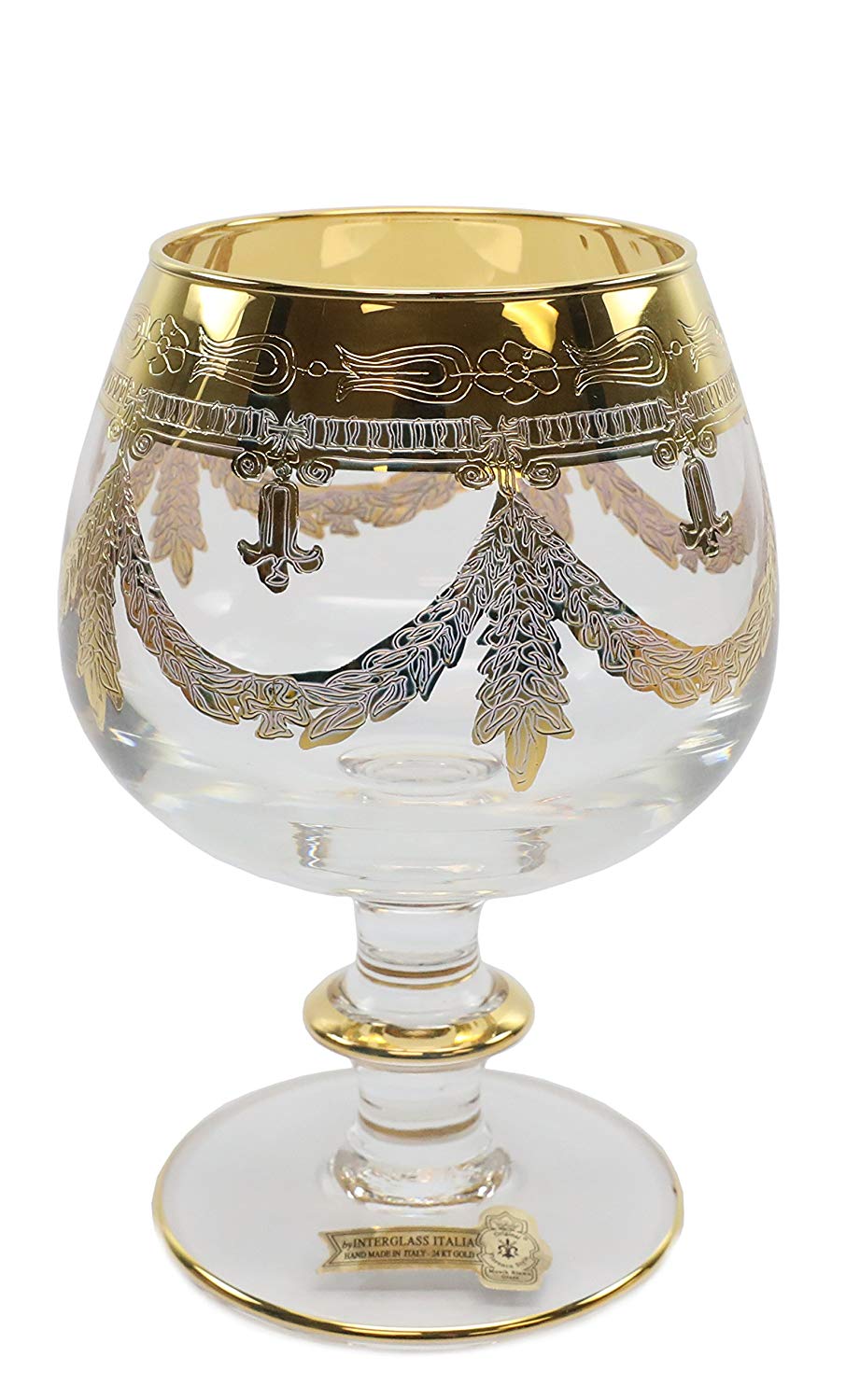 Interglass Italy Luxury Clear Crystal Cognac Glasses, 24k Gold-Plated Set of 2, 6, or 12
