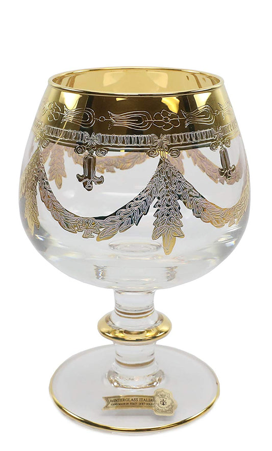 Interglass Italy Luxury Clear Crystal Cognac Glasses, 24k Gold-Plated Set of 2, 6, or 12