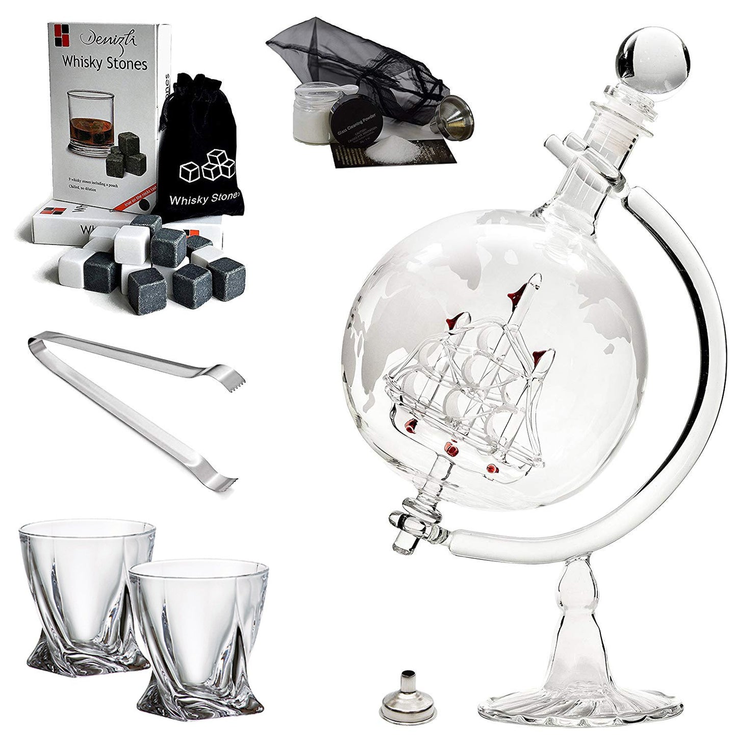 'Ship' Handmade Liquor Etched Globe Decanter 35 Oz and Diamond Glasses Mega Set