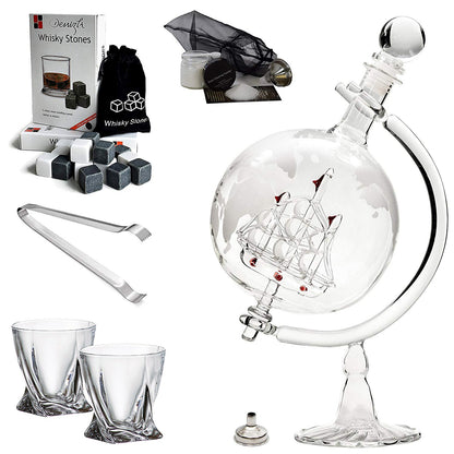 'Ship' Handmade Liquor Etched Globe Decanter 35 Oz and Diamond Glasses Mega Set