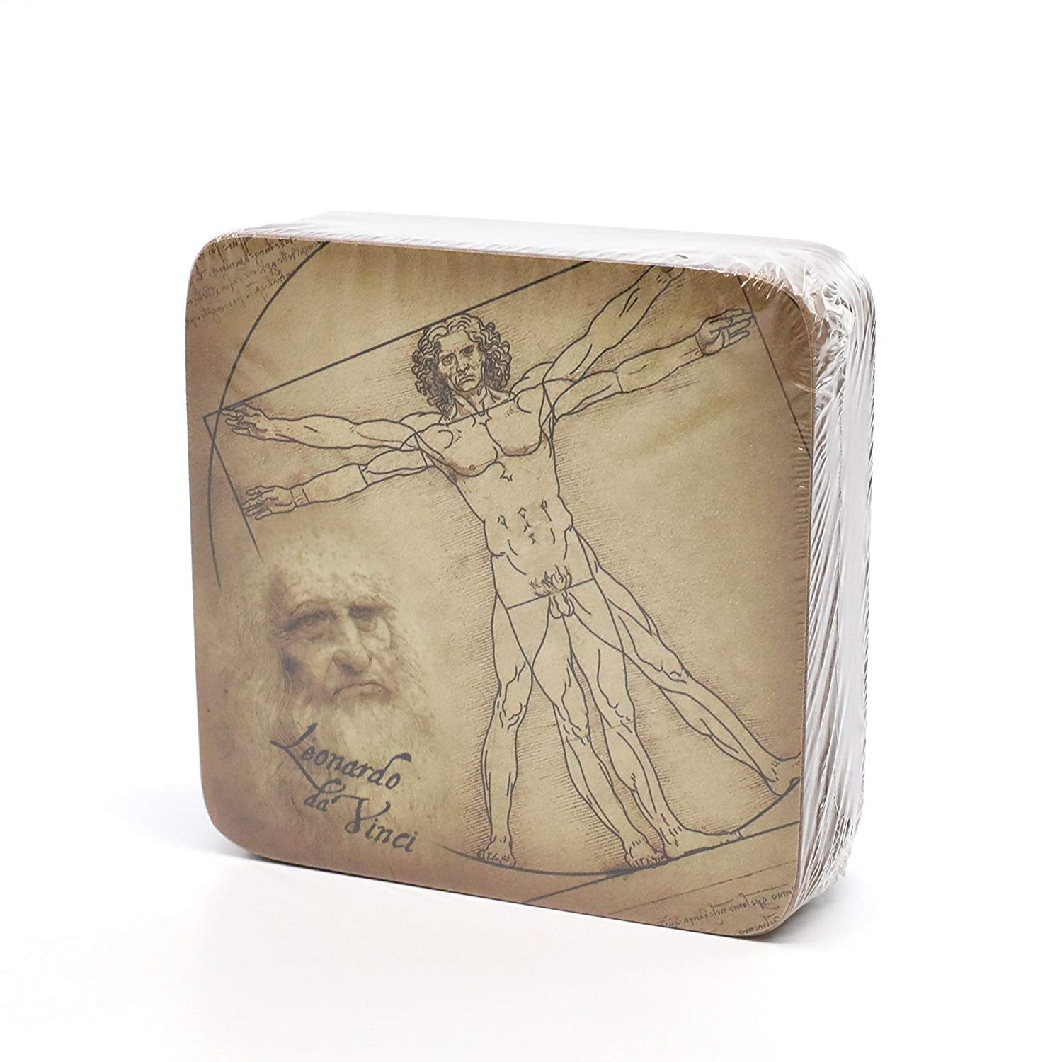 Carmani Painters 9pc Set of Cork Drink Coasters, Da Vinci (Vitruvian man)