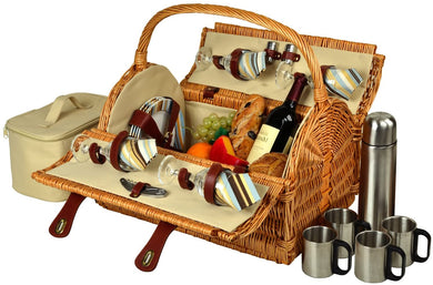 (D) York Picnic Basket for 4 with Coffee Set, Bag for Outdoor (Green Stripes)