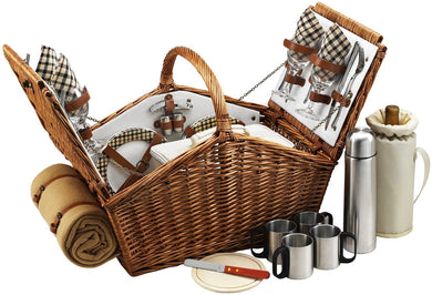 (D) Huntsman Basket for 4 with Coffee Set and Blanket Picnic Backpack (Brown)