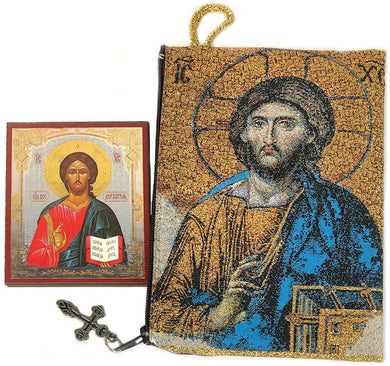 (D) Religious Gift, Mini Icon in a Tapestry Prayer Pouch (Christ The Teacher)