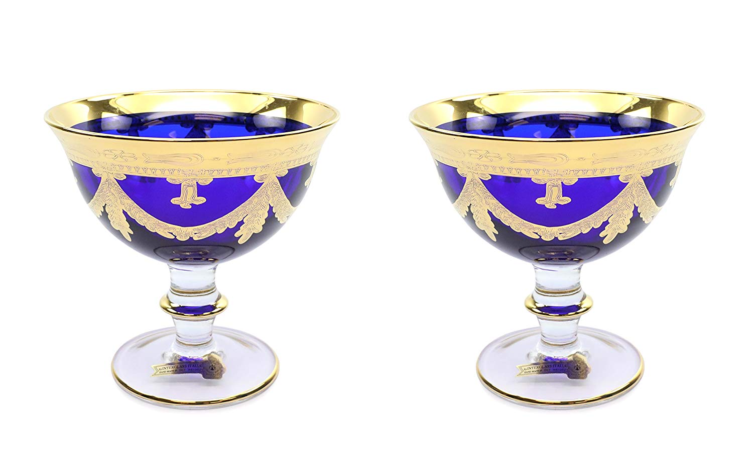 Interglass Italy Blue Crystal Compote Serving Bowl on a Stem, Vintage Design Set of 2, 6 or 12