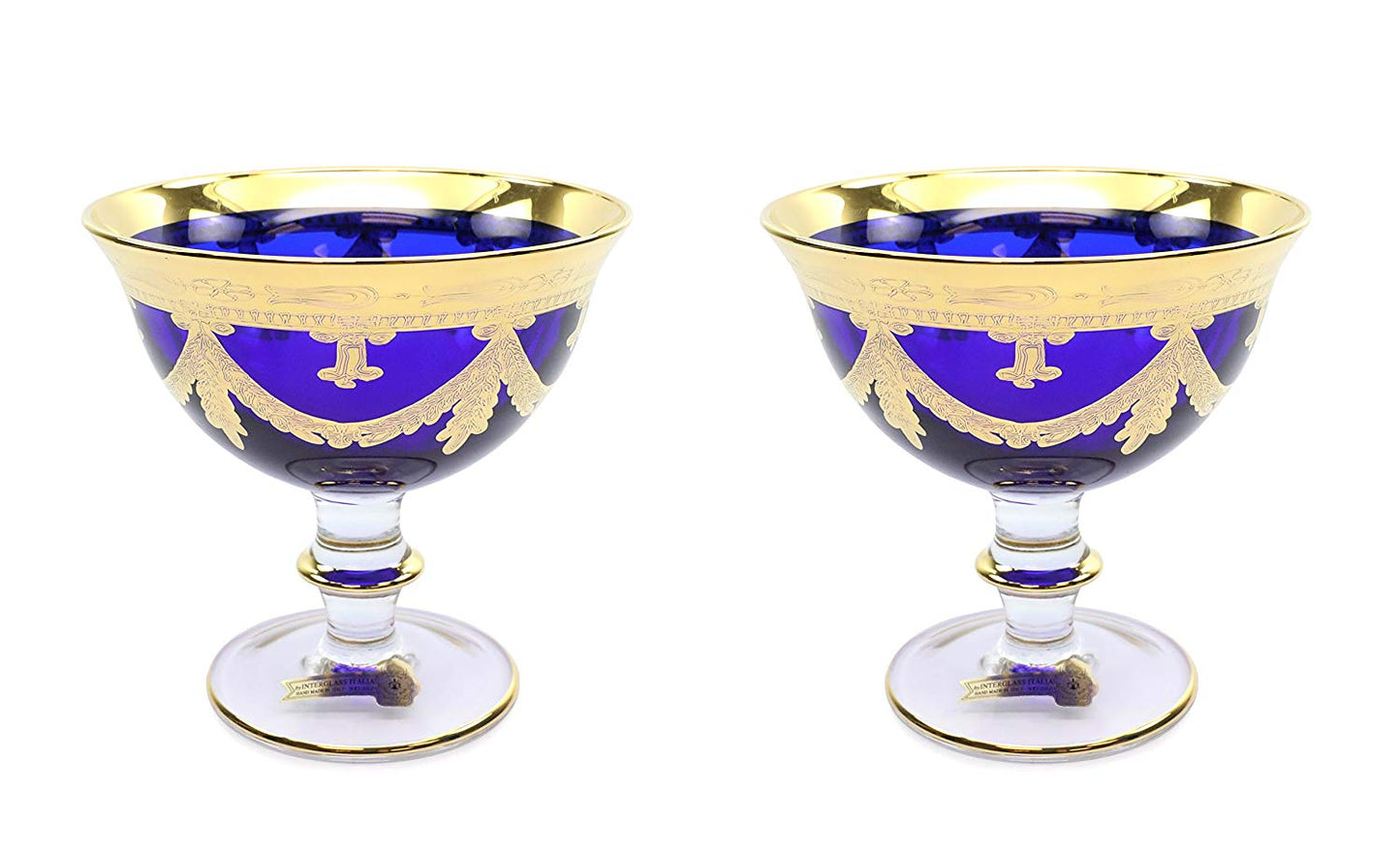Interglass Italy Blue Crystal Compote Serving Bowl on a Stem, Vintage Design Set of 2, 6 or 12