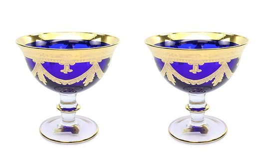 Interglass Italy Blue Crystal Compote Serving Bowl on a Stem, Vintage Design Set of 2, 6 or 12