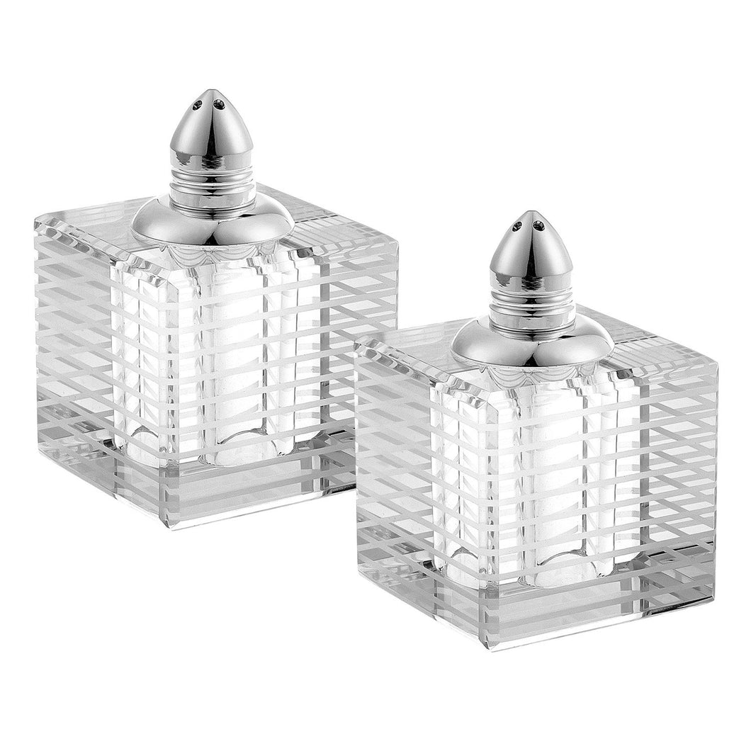 (D) Handcrafted 'Pinstripes Silver' Crystal Glass 2-pc Salt & Pepper Shakers Set