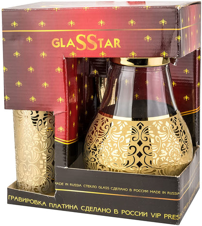 Pitcher and 2 Beverage Tumblers 3-pc Set, Gold Flower Design