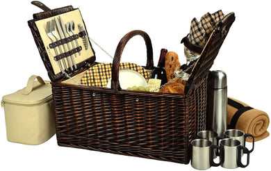 (D) Buckingham Basket for 4 with Blanket and Coffee Set for Outdoor (Brown)