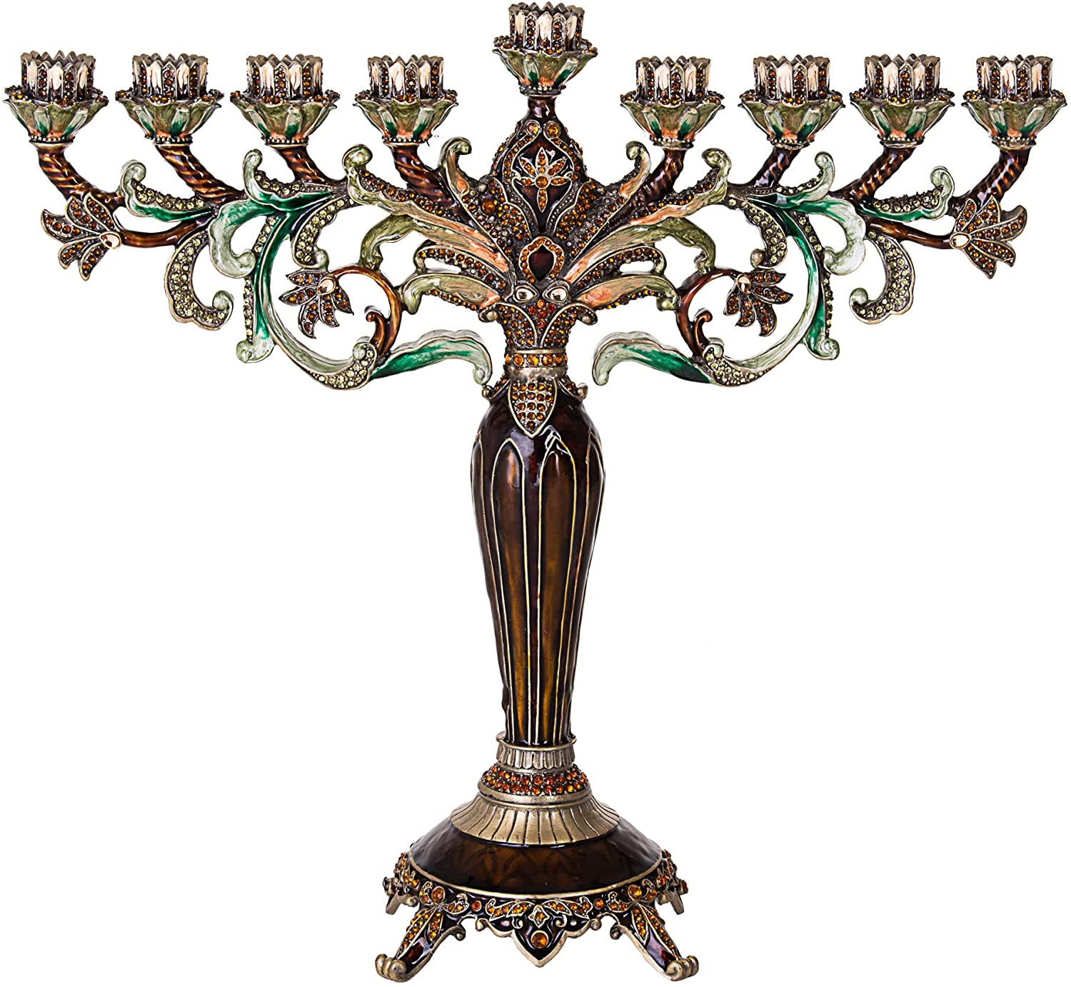 (D) Judaica Beautiful Green Bronze Candle Holder Jeweled with Swarovski