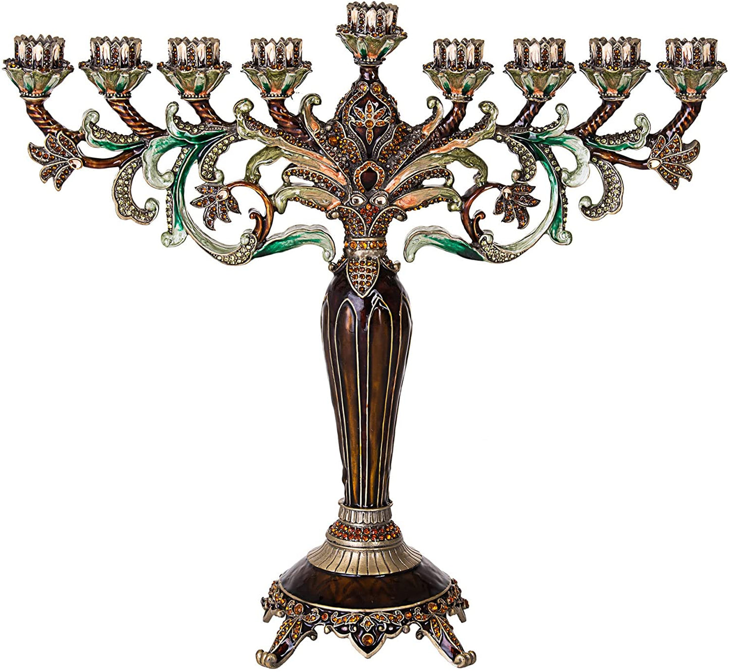 (D) Judaica Beautiful Green Bronze Candle Holder Jeweled with Swarovski
