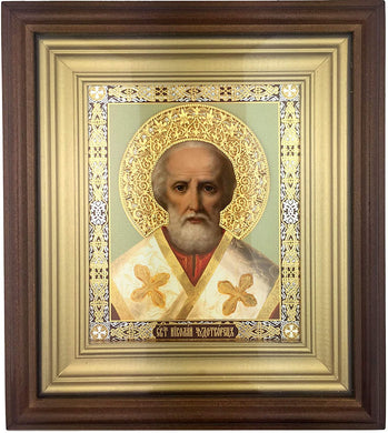 (D) Religious Gift Gold Russian Icon St Nicholas Wooden Frame Orthodox Souvenirs