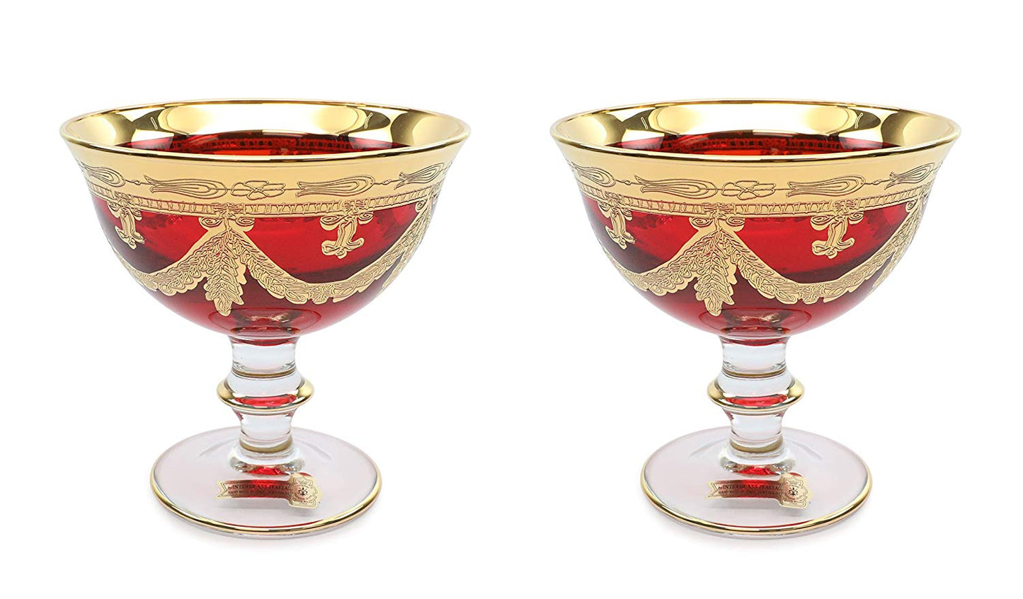 Interglass Italy Red Crystal Compote Serving Bowl on a Stem, Vintage Design Set of 2, 6 or 12