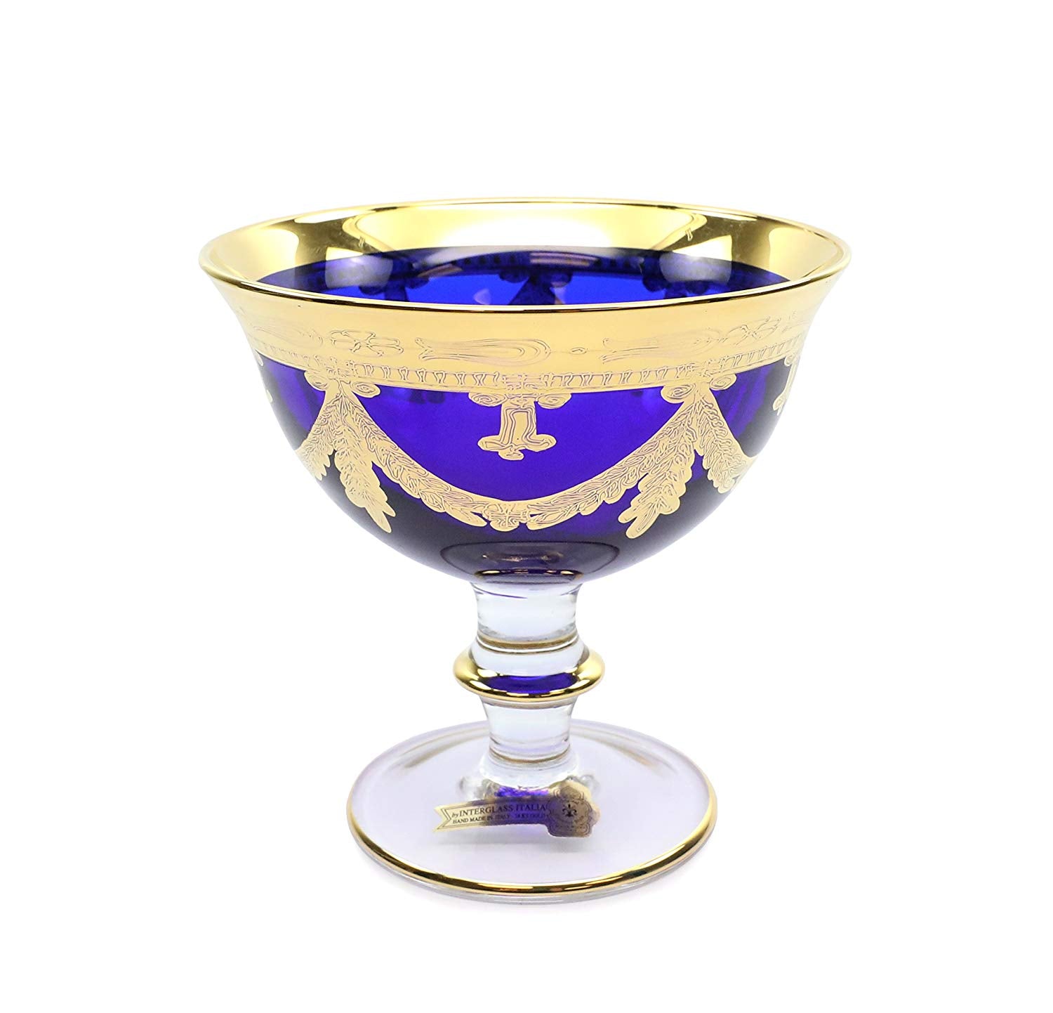 Interglass Italy Blue Crystal Compote Serving Bowl on a Stem, Vintage Design Set of 2, 6 or 12