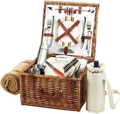 (D) Cheshire Basket for 2, Coffee Set and Blanket, Picnic Backpack Bag (Green Strips)