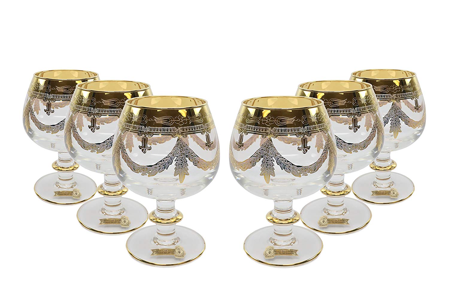 Interglass Italy Luxury Clear Crystal Cognac Glasses, 24k Gold-Plated Set of 2, 6, or 12