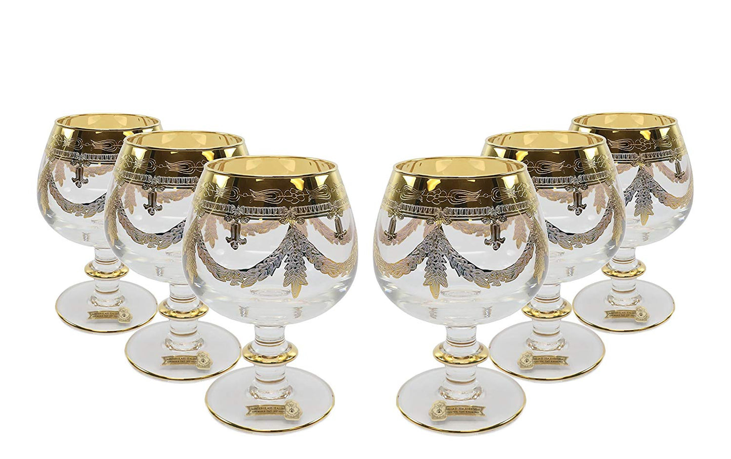 Interglass Italy Luxury Clear Crystal Cognac Glasses, 24k Gold-Plated Set of 2, 6, or 12