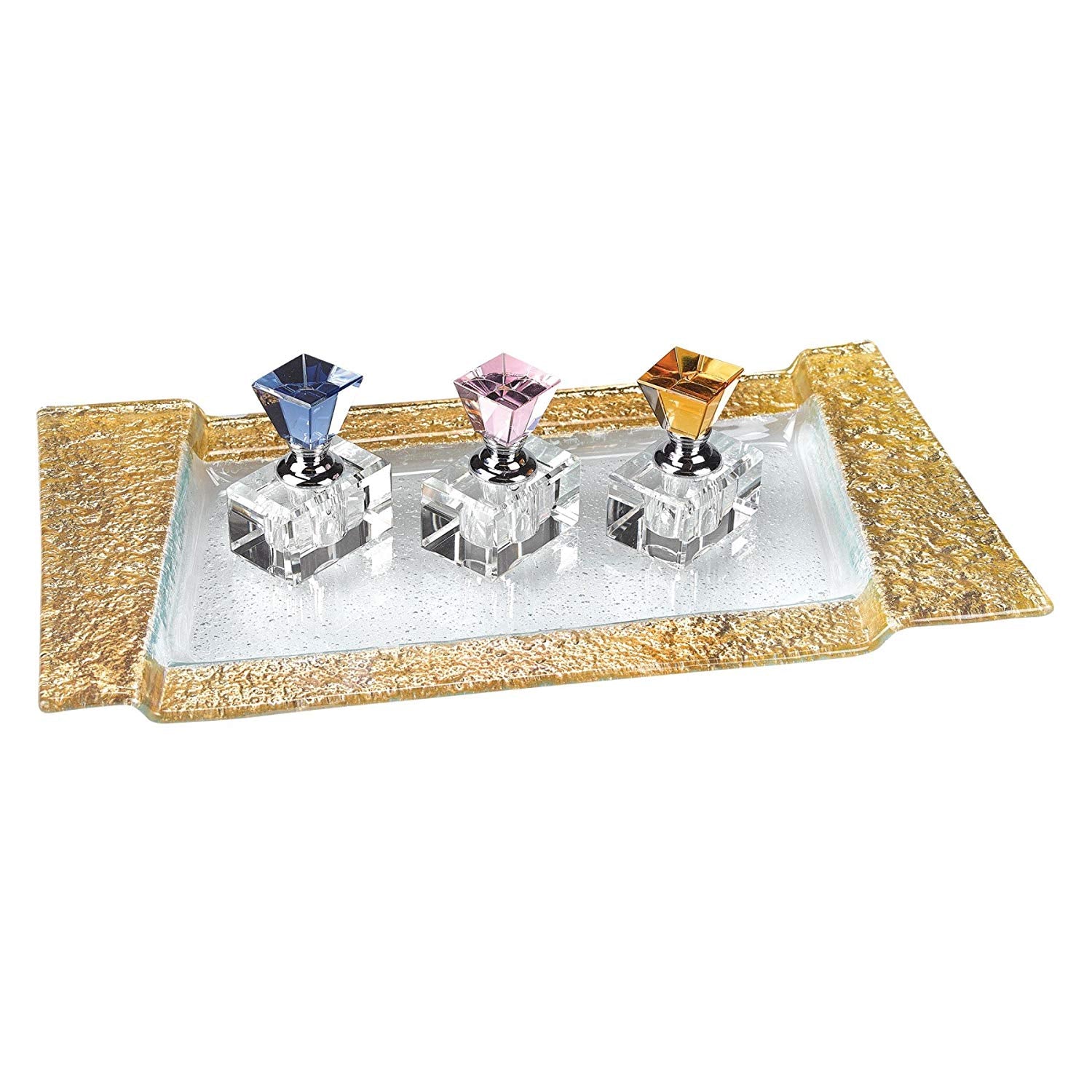 (D) 3 Pc Elegant Round Faceted Crystal Perfume Bottle Set with Rainbow Top Cap