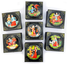 (D) Russian Souvenirs Black Jewelry Boxes Hand Painted Assorted Fairy Tale Scene
