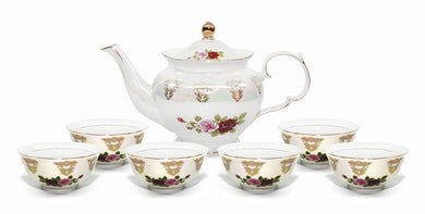 Royalty Porcelain 7pc Floral Tea Set, 24K Gold-Plated Original Cobalt Tableware, Service for 6