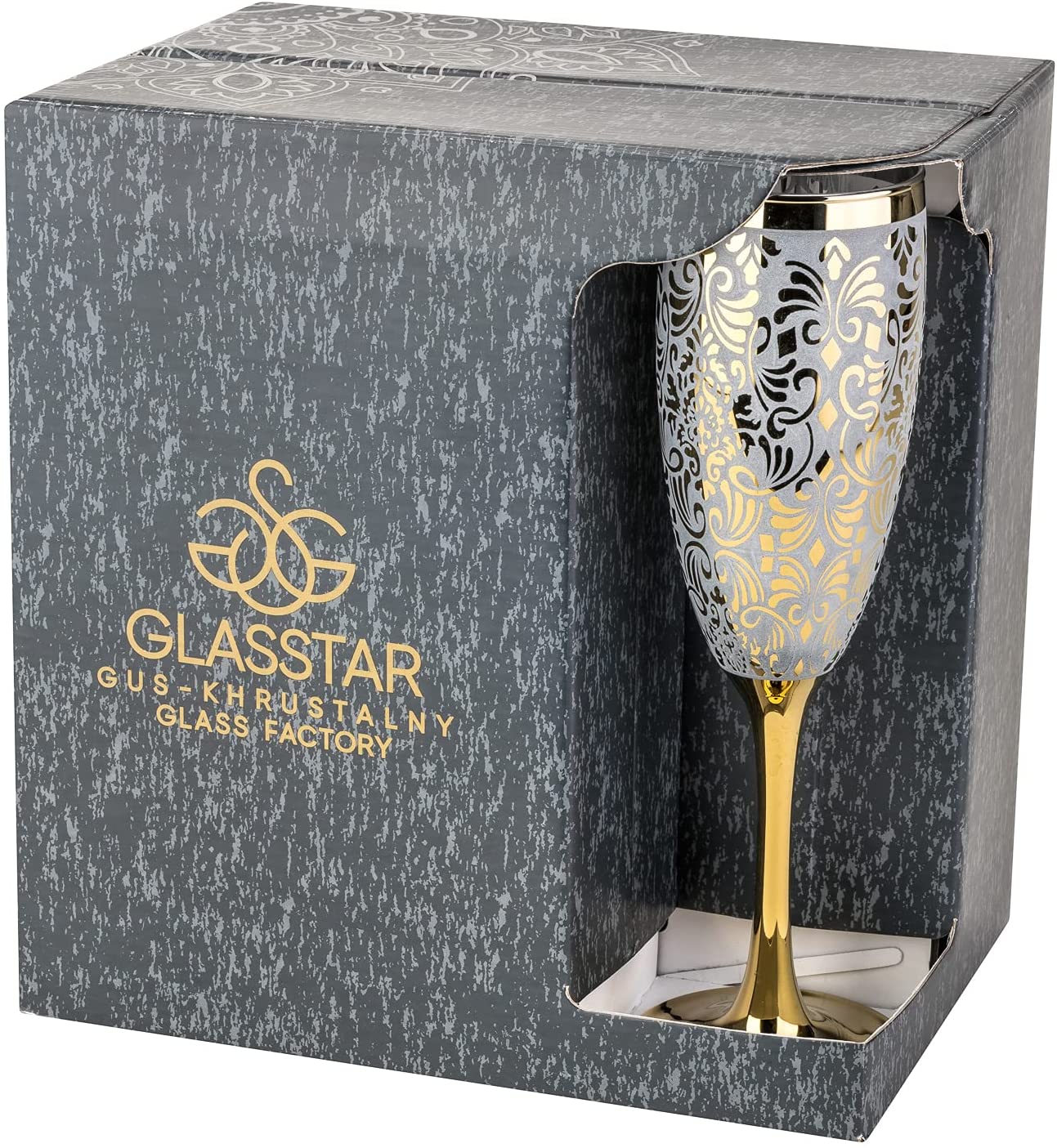 Set Of 6 Champagne Flute GLasses 6 OZ, Gold Flower Design