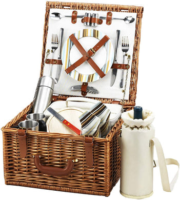 (D) Cheshire Basket for 2 with Coffee Service, Picnic Set for Outdoor (Green Strips)