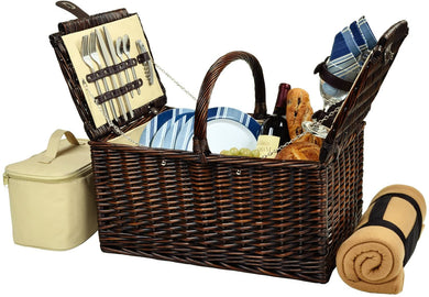 (D) Buckingham Basket for 4 with Blanket for Outdoor (Blue)