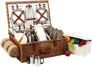 (D) Dorset Basket for 4 Picnic Backpack Bag, with Coffee Set and Blanket (Brown)