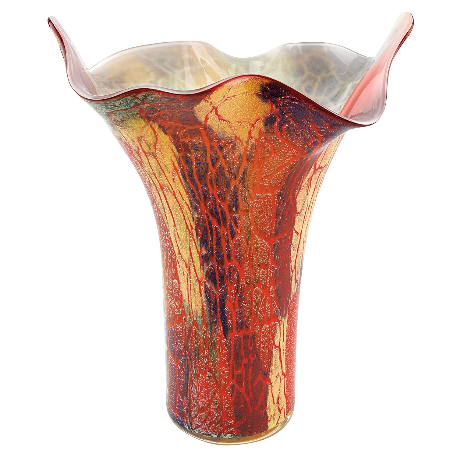Firestorm Murano style art glass vase 17in tall with vibrant hand-fused rainbow murrina tile design