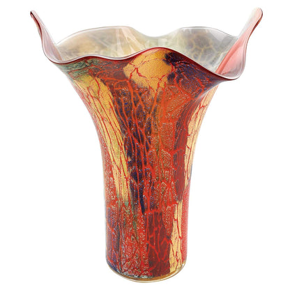 (D) Handcrafted 'Firestorm' Murano Style Art Glass Decorative Napkin Flower Vase 17", Murano Style Artistic Colorful Design