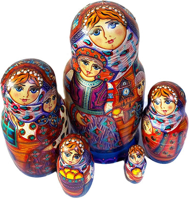 (D) Russian Souvenirs Purple Nesting Dolls Matryoshka Wood Stacking Nested Set 5pc