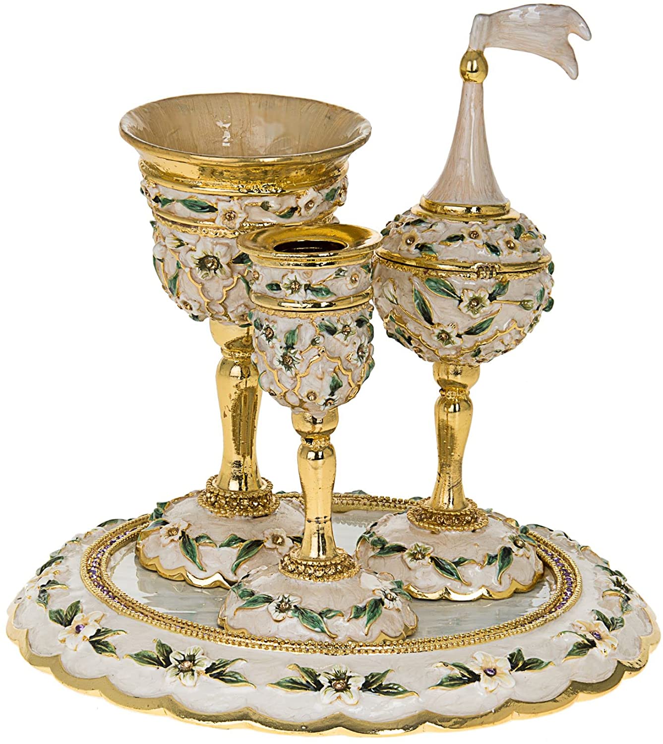(D) Judaika White Jeweled Havdallah Set with Havdalah Holder and Tray