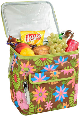 (D) Beverage and Food Cooler, Picnic Backpack Bag with Corkscrew (Brown Floral)