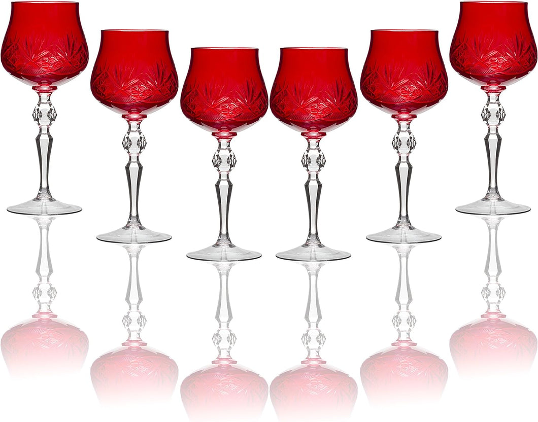 SET of 6 Handmade Russian CUT Crystal - RED Color Old-Fashioned Wine Glasses on a Long Stem, 250ml/8.5oz Crystal Glass Goblets / Tumblers