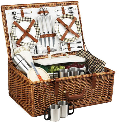 (D) Dorset Basket for 4 Picnic Backpack Bag with Coffee Service (Brown)