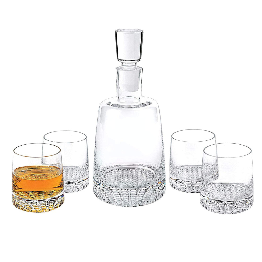 (D) Handcrafted 'Park Avenue' Crystal Glass 5-pc Decanter & Glasses Whiskey Set