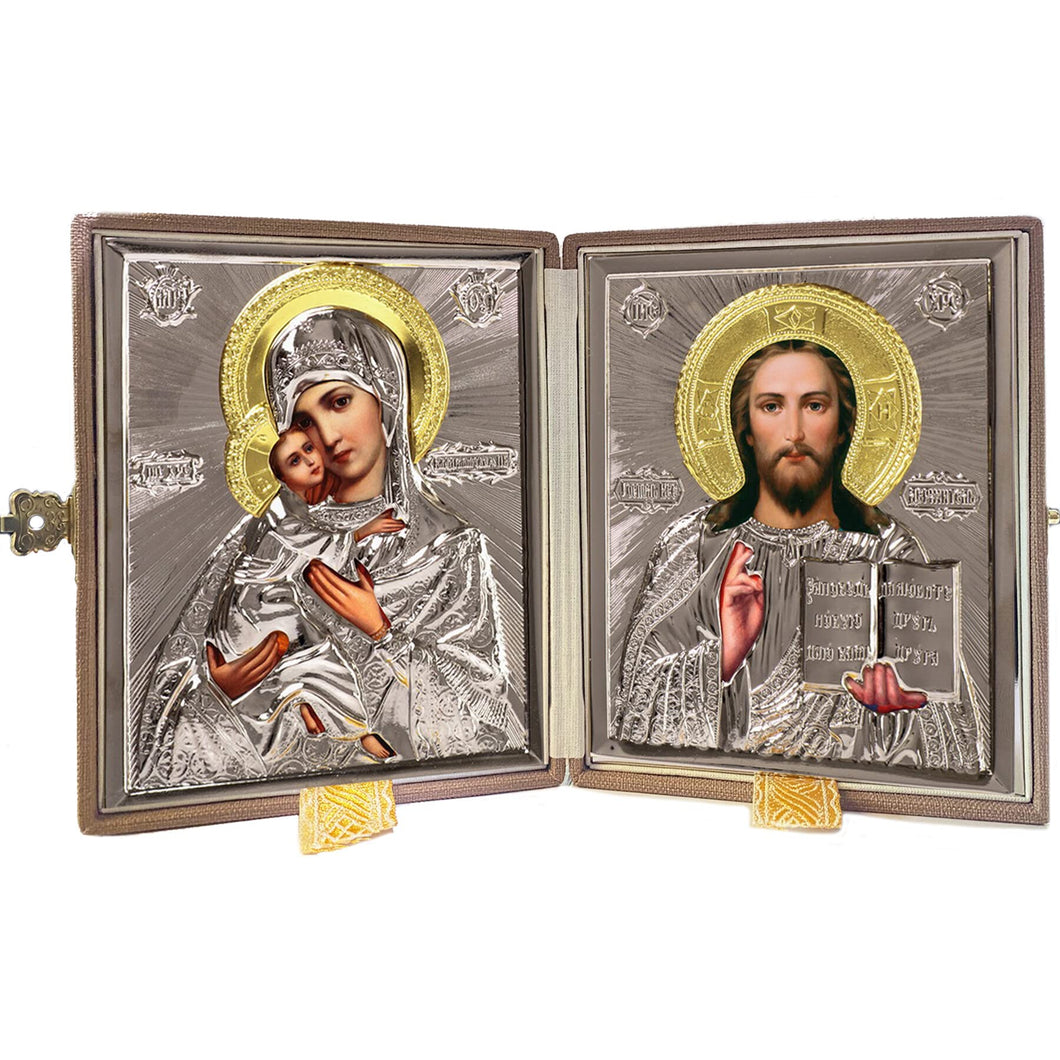 (D) Russian Icon Diptych - Virgin of Vladimir and Christ The Teacher, Silver and Gold-Plated RIZA Halos - 5 1/2 Inch x 4 3/4 inch