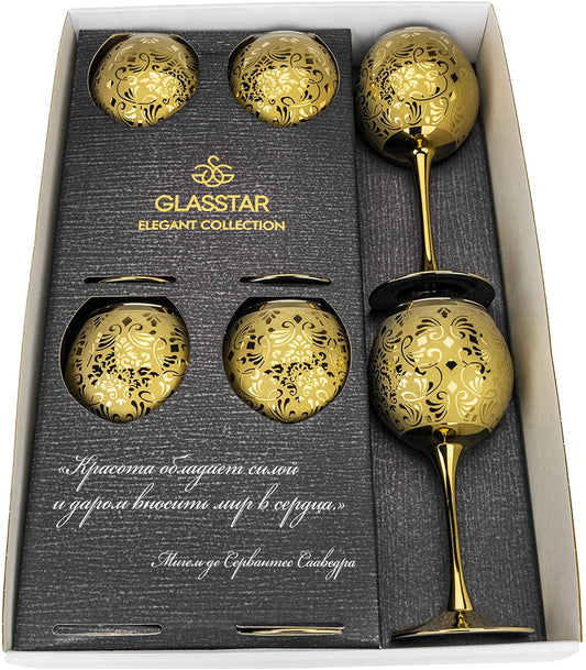 Crystal Glass Wine Steam Glasses Gold Goblets ' Liberty' 6-pc Hand Blow