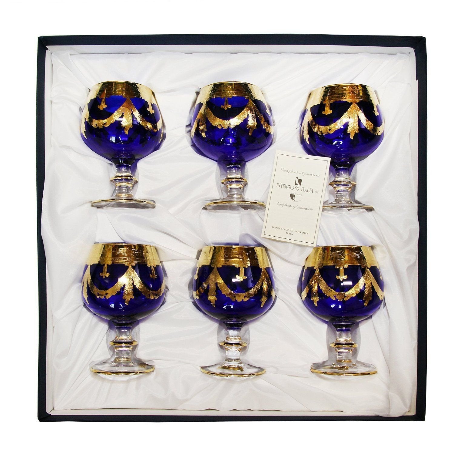 Interglass Italy Luxury Blue Crystal Cognac Glasses, 24k Gold-Plated Set of 2, 6, or 12