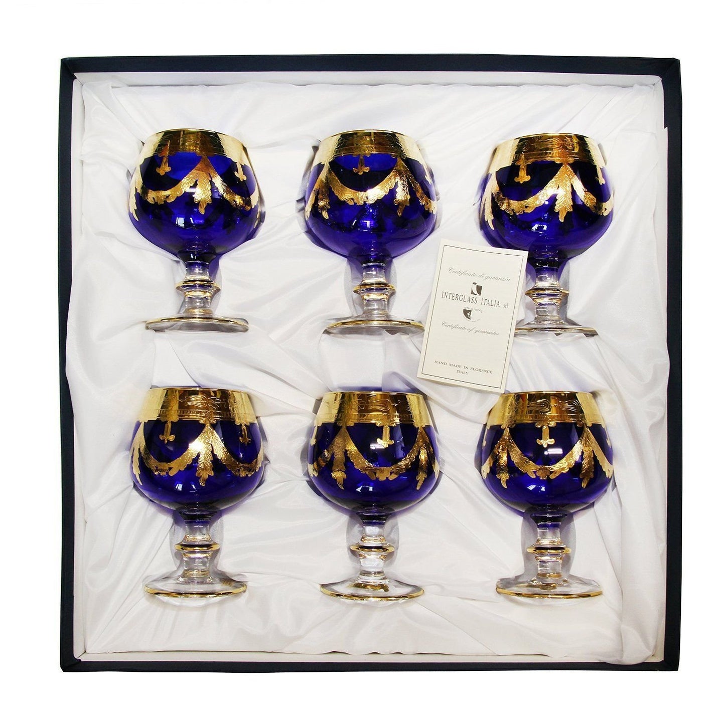 Interglass Italy Luxury Blue Crystal Cognac Glasses, 24k Gold-Plated Set of 2, 6, or 12
