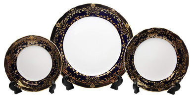 Royalty Porcelain 3pc Dinner Set for 1 person, Vintage Cobalt Pattern,  24K Gold