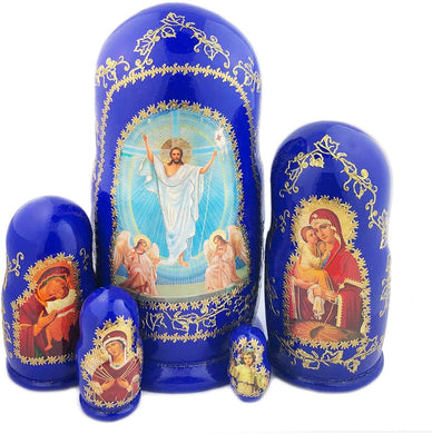 (D) Religious GiftsBlue Nesting Dolls Matryoshka Resurrection of Christ Set 5pc