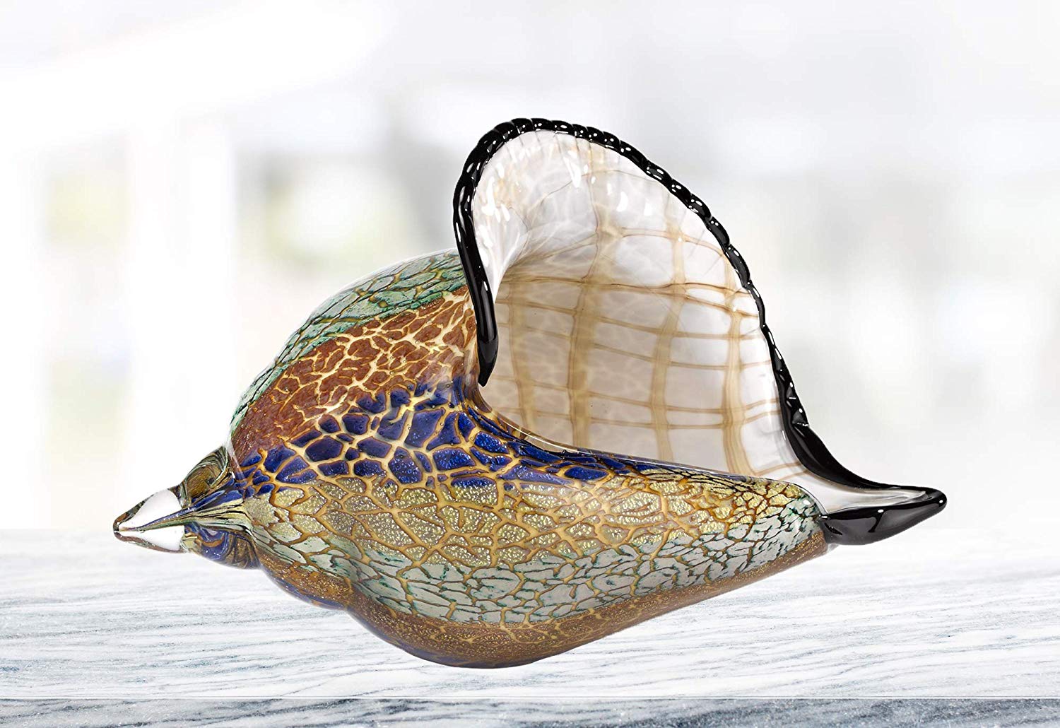 (D) Handcrafted 'Firestorm' Murano Art Glass Conch Shell Figurine 13in on Base