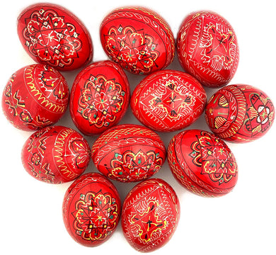 (D) Religious Gifts 12pc Red Wooden Ukrainian Easter Pysanky Eggs